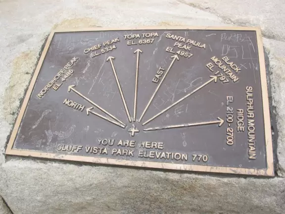 The plaque showing the mountain ranges all around you in beautiful Ojai! It's a  lot of fun for kids to check out the name of each range and its elevation.