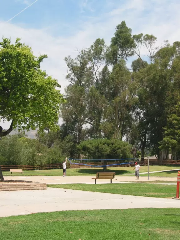 Volleyball court at Camino Real Park. Notice all the tall trees!