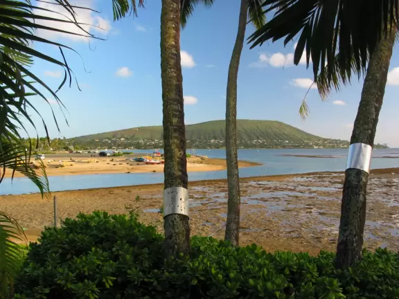 View of Koko Head and Maunalua Bay from the strip of sand to the east of Kuliouou Beach Park. 