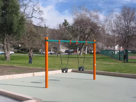 Baby swings and the oak trees behind. 