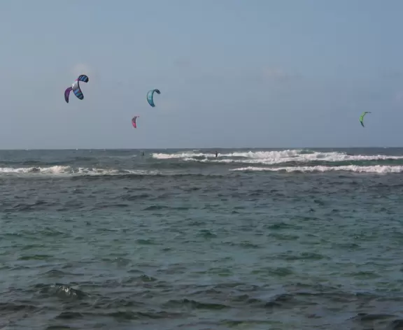 The multi-colored view of five kitesurfers.