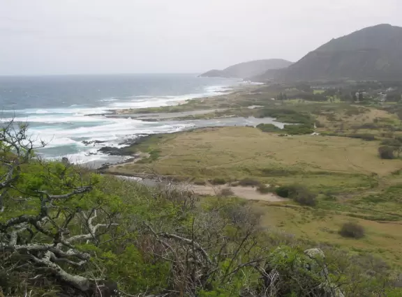 This is rugged, open terrain. Looking toward Sandy Beach from the path.