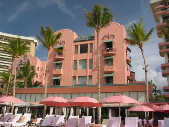 Looking up at the Royal Hawaiian Hotel from the beach.