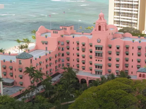 The "pink  hotel" from above. Notice the amazing color of the water and of the old trees in the garden.