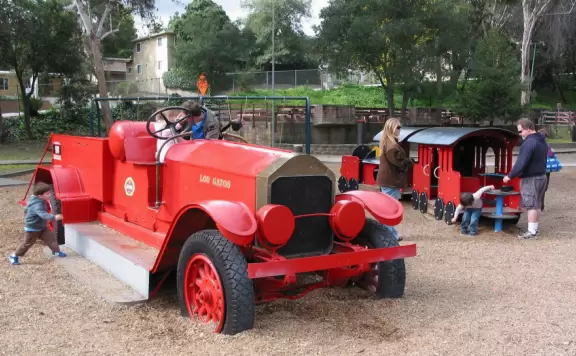 Old fire engine and train at Oak Meadow Park.
