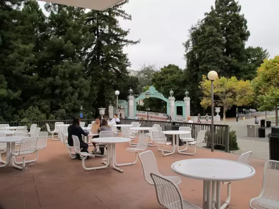 Chairs and tables outside Golden Bear Cafe.