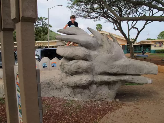 A boy climbs the sea monster.