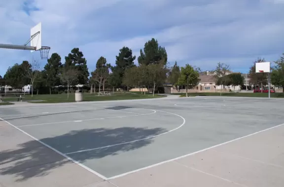 The basketball court is in great shape.