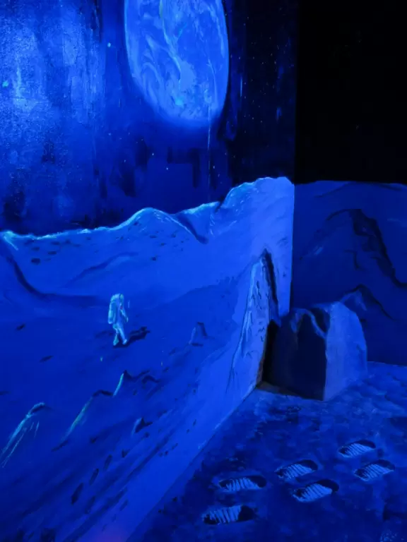 Be immersed in black light in the moon room.