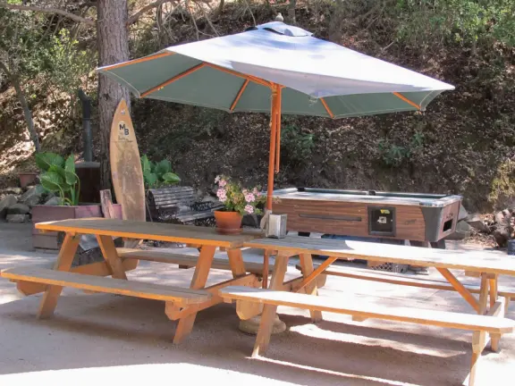 Picnic tables and pool table.