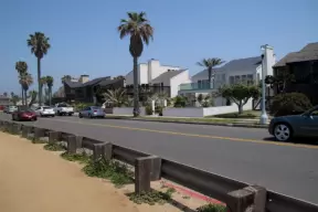 The road and beachhouses and the dirt trail.