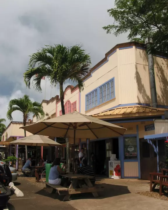 Old plantation town with surf shops, art galleries, and restaurants.