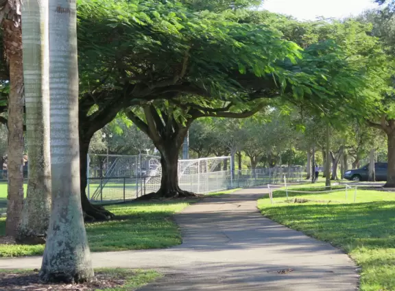 Shady park to walk around. Cute nesting owls! Playground, workout stations, walkway by lake.