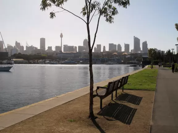 Gorgeous views of the city skyline and Anzac Bridge from a cement walking path alongside the water.