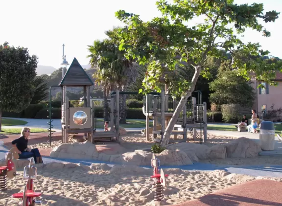 Colorful pirate playground by the sea, with lovely clean sand below the structure, right next door to the great Central Coast Aquarium.