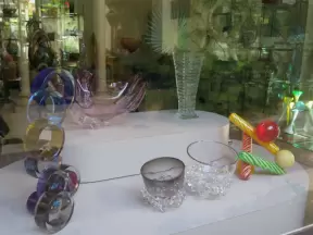 Glass sculptures in a shop window.