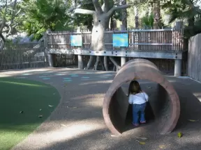 Tunnel at the zoo play area. See the "treehouse" in the background, where parties are held. 