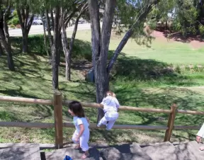Imaginative games at the railing. Kids love steps.
