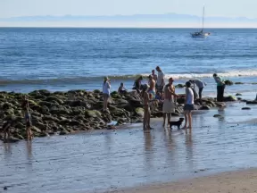People chat by the tide pools at Miramar Beach.