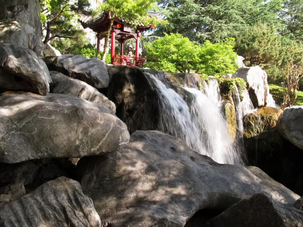 Wonderful rocks, waterfall, and pagoda.