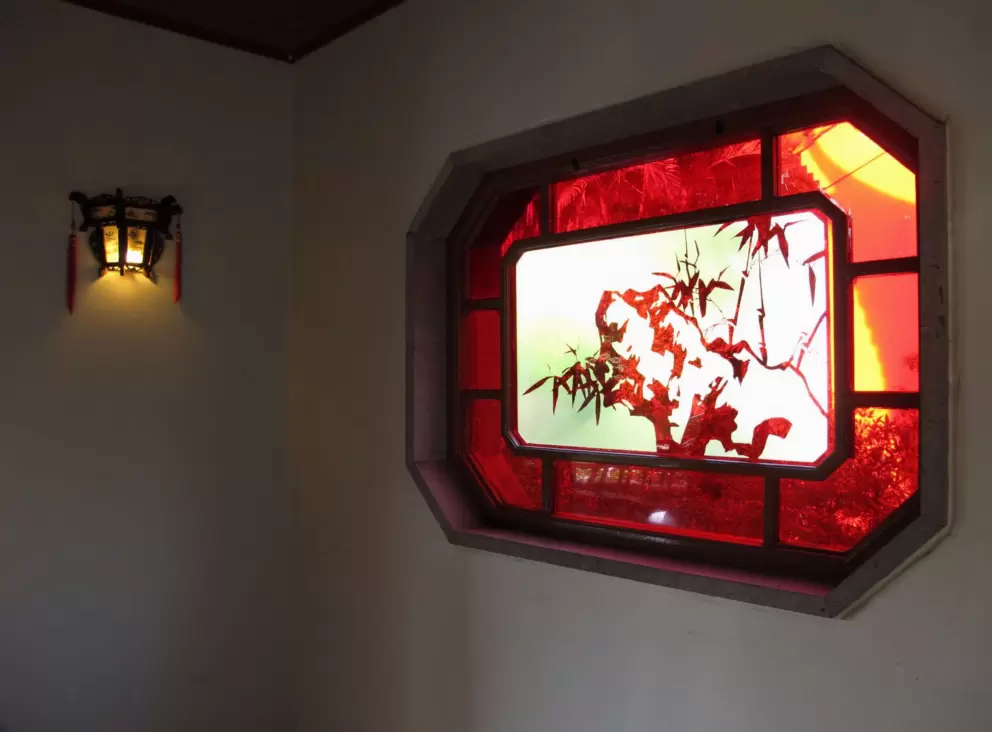 Red stained glass window.