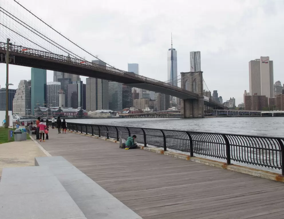 View of the Brooklyn Bridge from the promenade at Empire-Fulton Ferry Park (where the carousel is located).