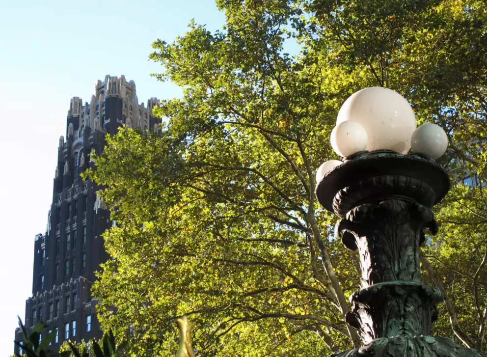 Autumn leaves, lamppost, and gorgeous American Radiator building built in 1924, on 40th St.