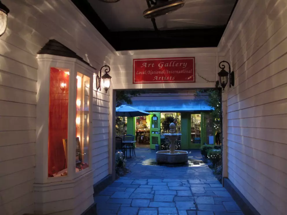 Cute side courtyard at The Ancient Olive, at night.