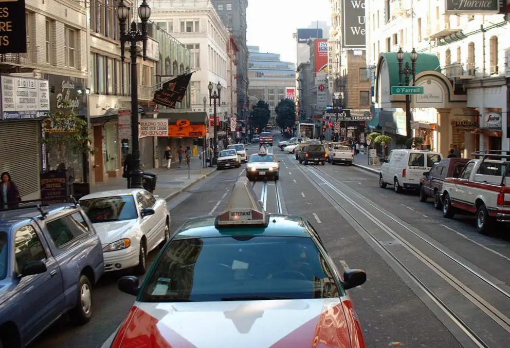 View of Powell Street from the back of the cable car!