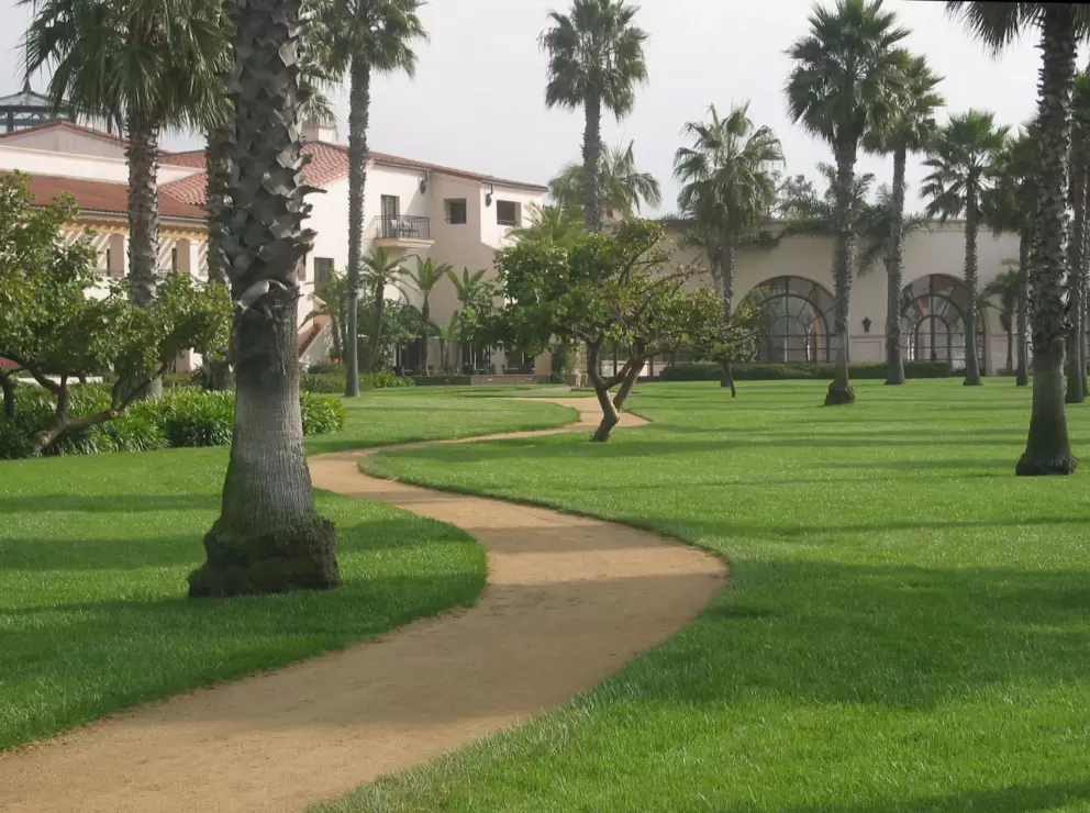 The pathway with the resort's rotunda at the end.