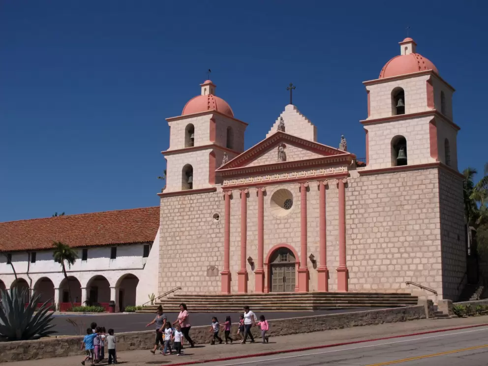 The pink and beige colors of the mission.