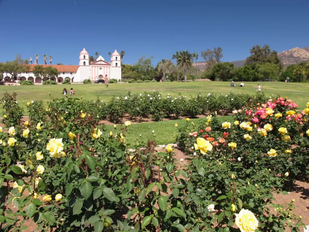 Santa Barbara Mission and rose garden across the street.