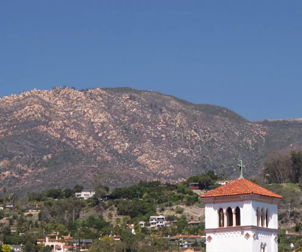 Tower and mountains, as seen from Santa Barbara Street.