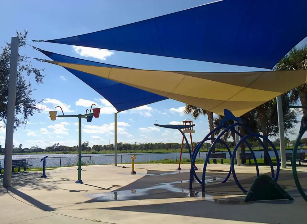 The splash pad with shade canopies.