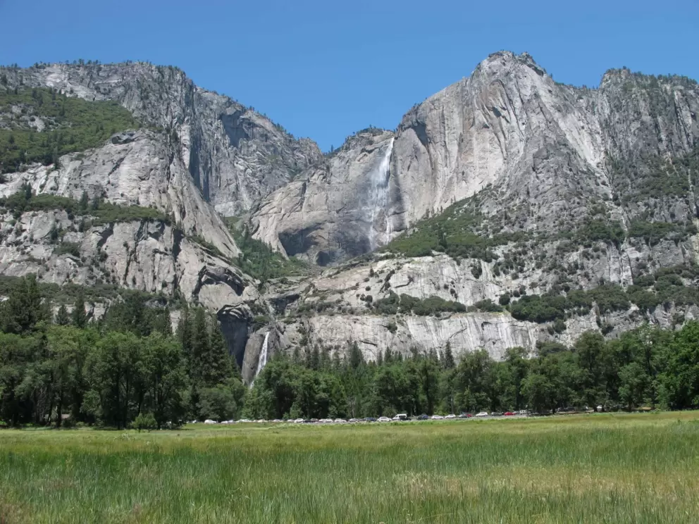 Yosemite Falls, seen from a meadow.