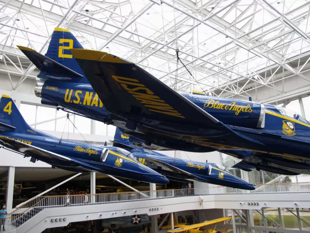 Blue Angels planes hanging from the ceiling.
