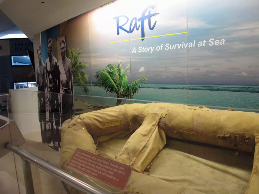 The real raft that three men survived 34 days at sea in.
