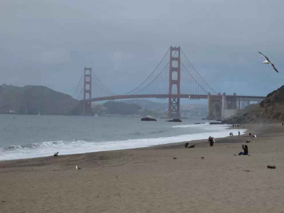Beachgoer taking a photo of the Golden Gate Bridge.