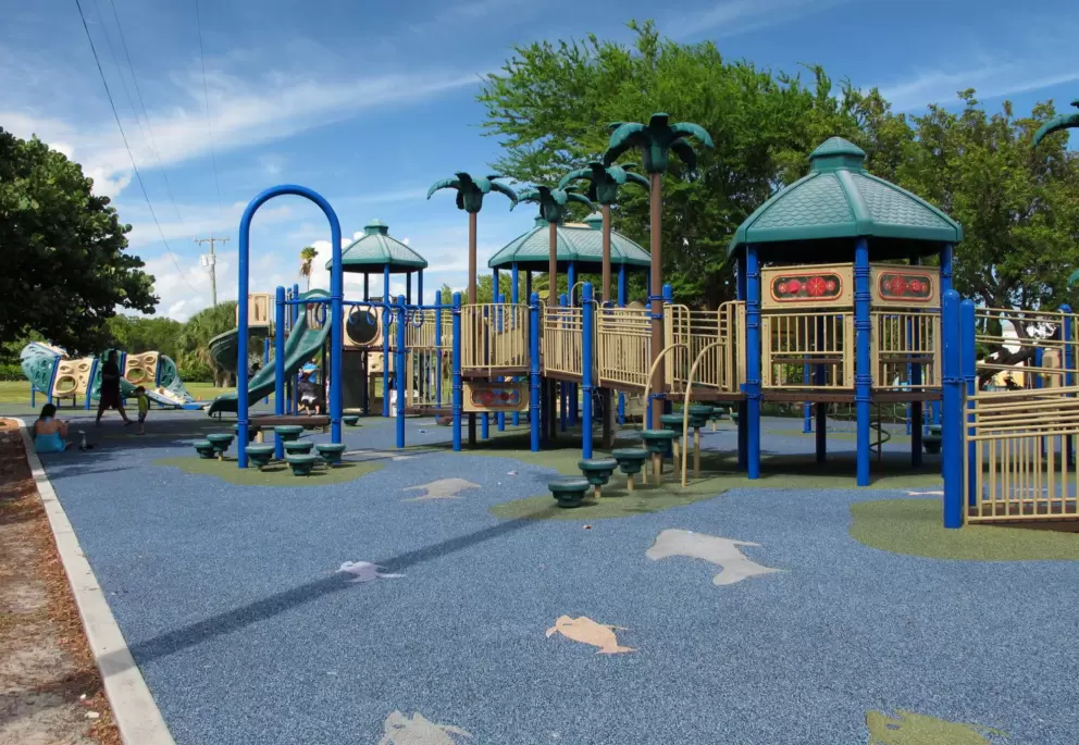 The large, colorful playground with tropical theme.