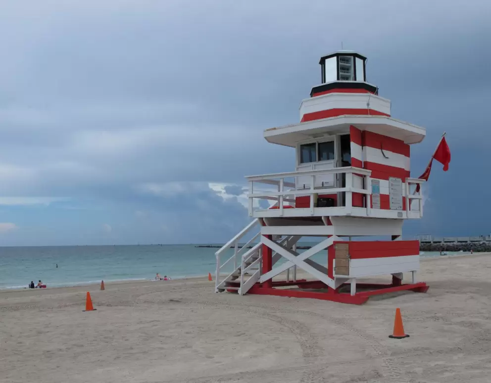 New England-style lifeguard shack, as seen from the boardwalk near South Pointe Park.