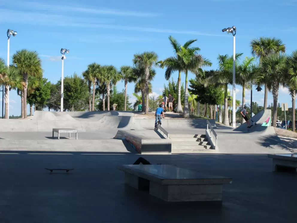 Skate park with a huge chunk of cool shade.