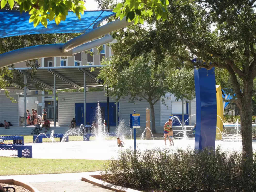 The splash pad and amphitheater are a popular place to hang out.