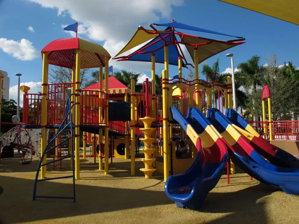 Colorful slides, twisty climby, rock-climbing walls.