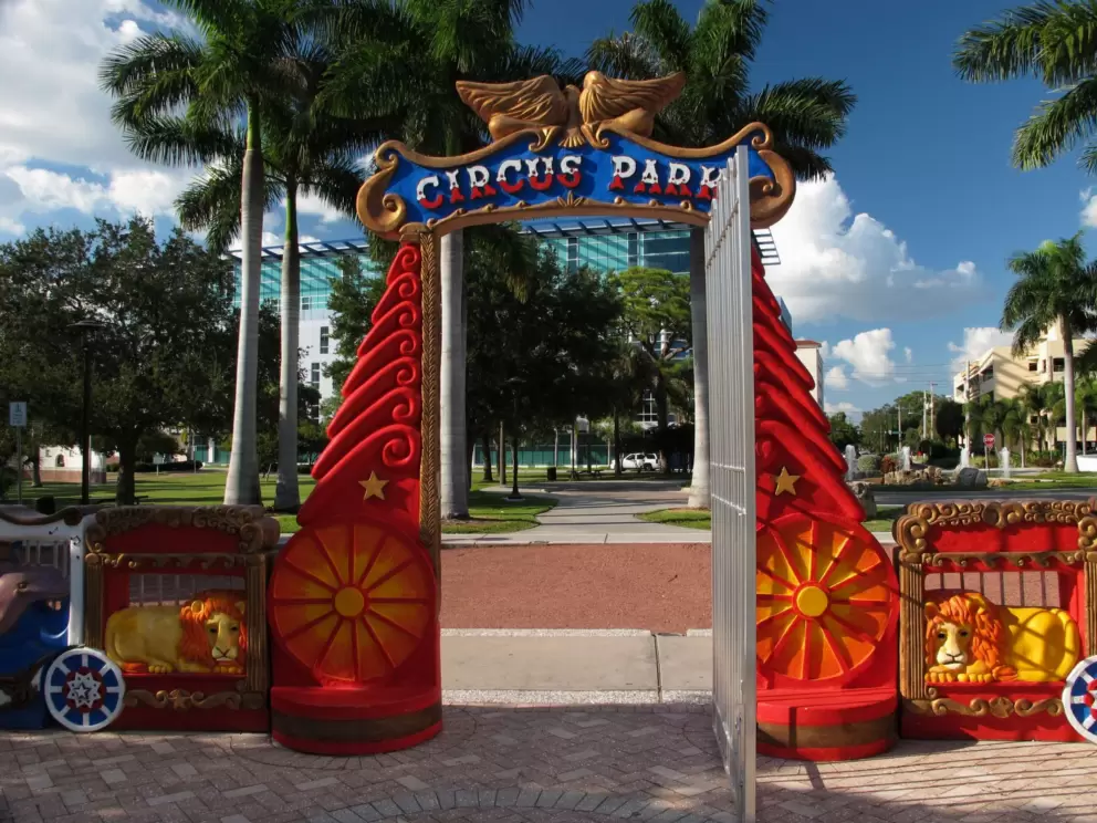 Circus Park gate, with downtown office buildings behind.