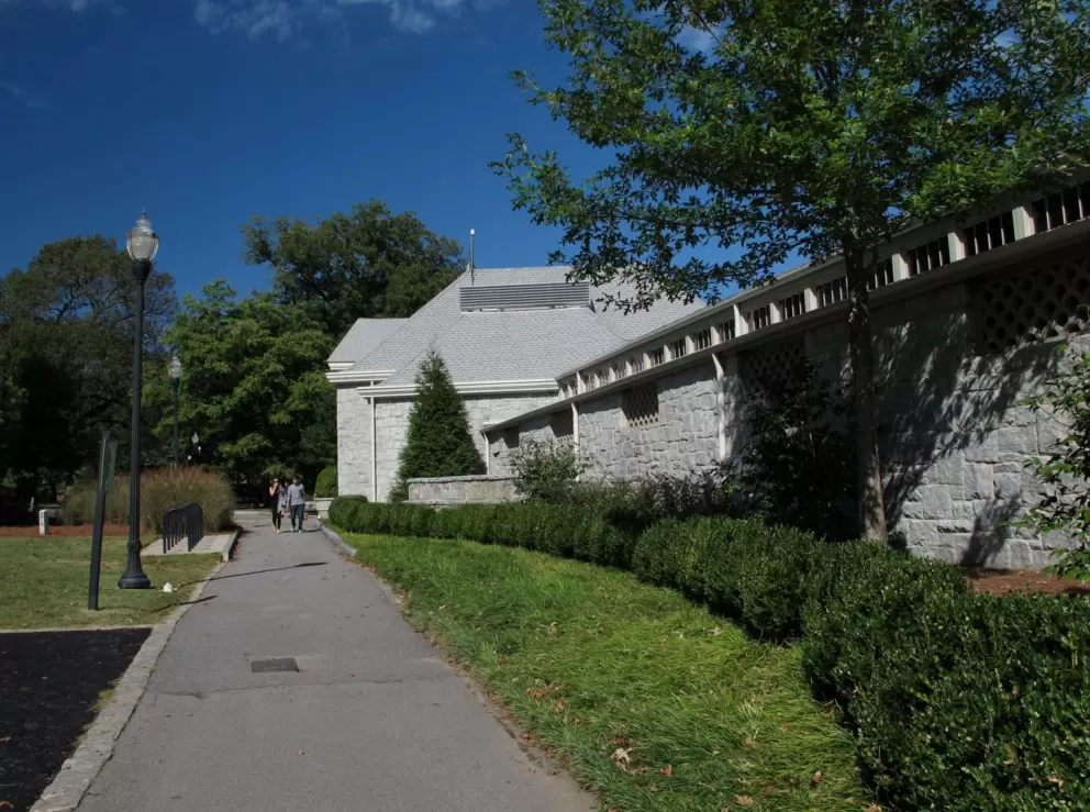 The walking path in front of the Greystone, the granite building that leads to the swimming pool.
