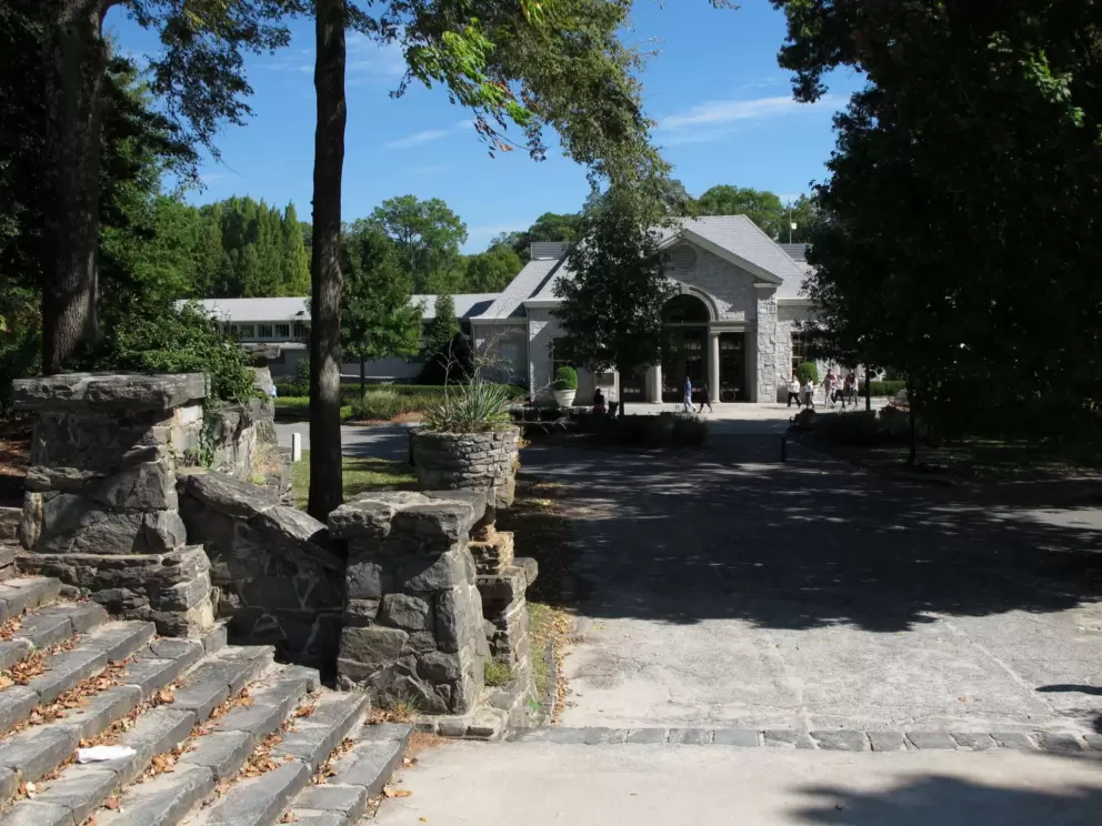 Stone steps leading from sports field to Greystone.
