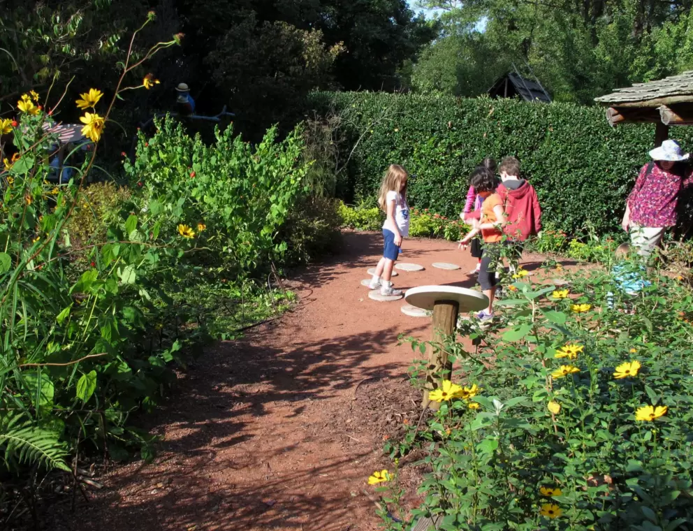Playing the stepping stone game amongst flowers in the children's garden.