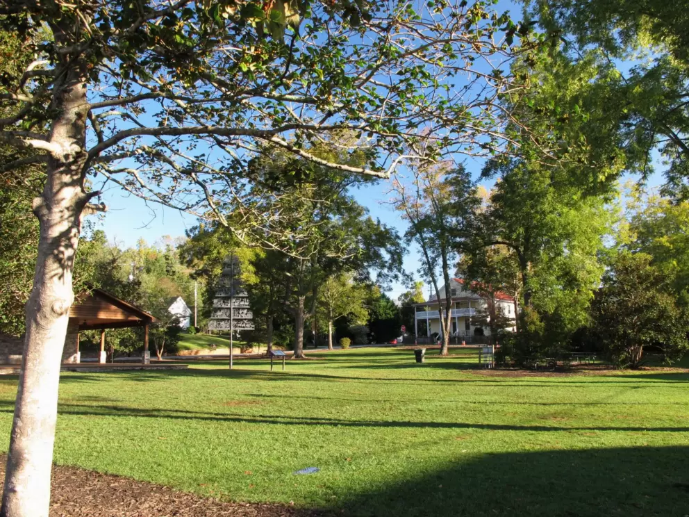 Hancock Park, a large grassy square.