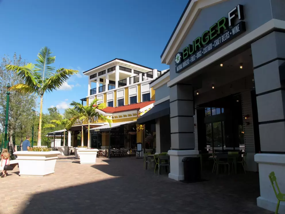 Cafes with tropical bright architecture.