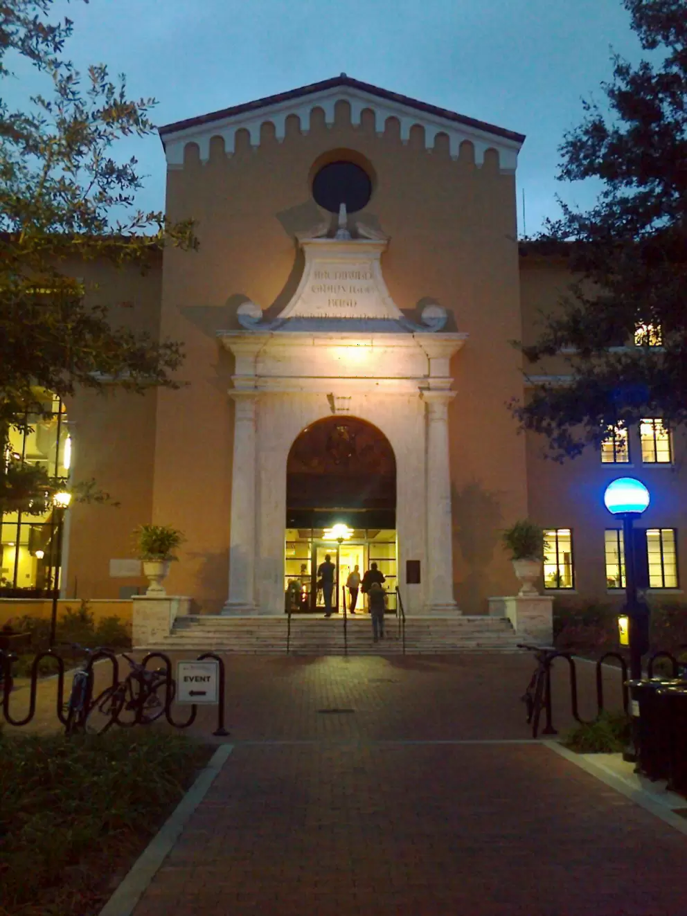 The Science Building is impressive as you walk up to it at night.